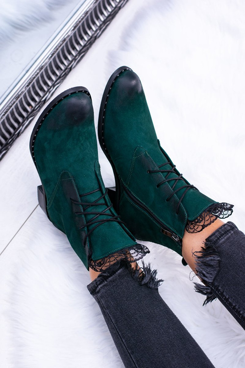 Skórzane Zielone Damskie Botki Z Koronką Millano