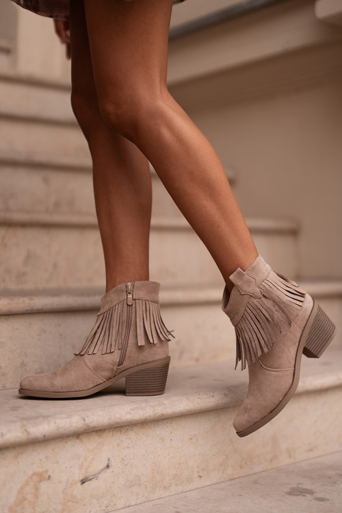 Botki Kowbojki Damskie Na Zamek Eko Zamszowe Beżowe S.Barski HY42-127