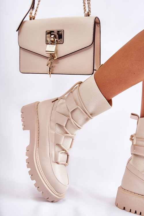 Damskie Botki Workery Ze Skarpetą Beżowe Fallor