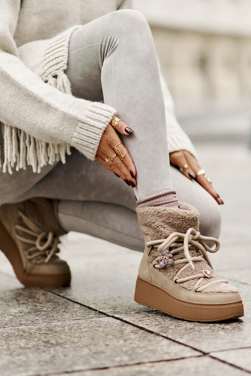 Śniegowce Damskie Z Przypinkami I Futerkiem Typu Baranek Brązowe Almatiza