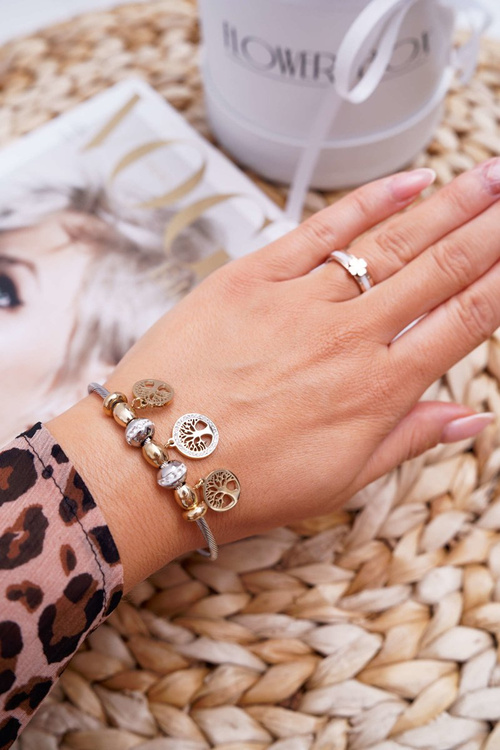 Damska Bransoletka Stalowa Linka z Zawieszkami Srebrno-Złota Mythic