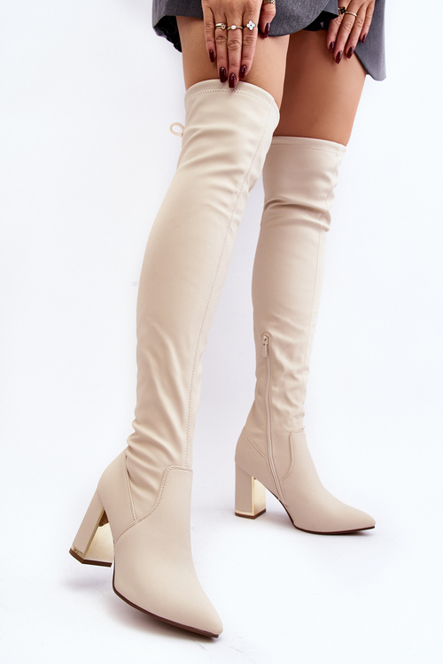 Skórzane Kozaki Za Kolano Na Słupku Jasnobeżowe Amalitas