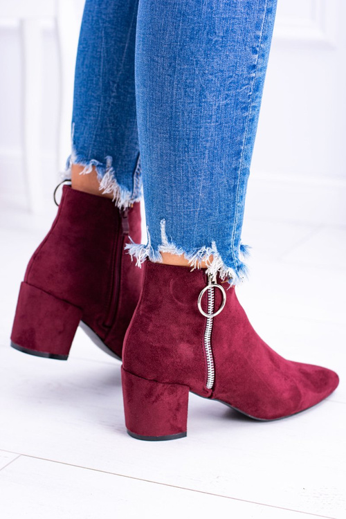 Bordowe Zamszowe Botki Na Słupku w Szpic Jonnes