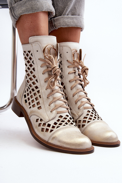 Zazoo 2695 Ażurowe Skórzane Botki Złoty Przecierany