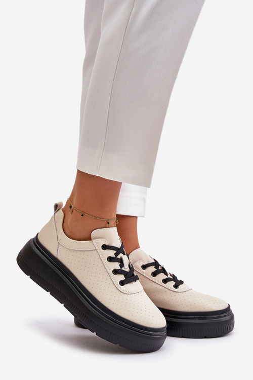 Buty Sportowe Damskie Na Platformie Skóra Naturalna Beżowe 41470 Vinceza