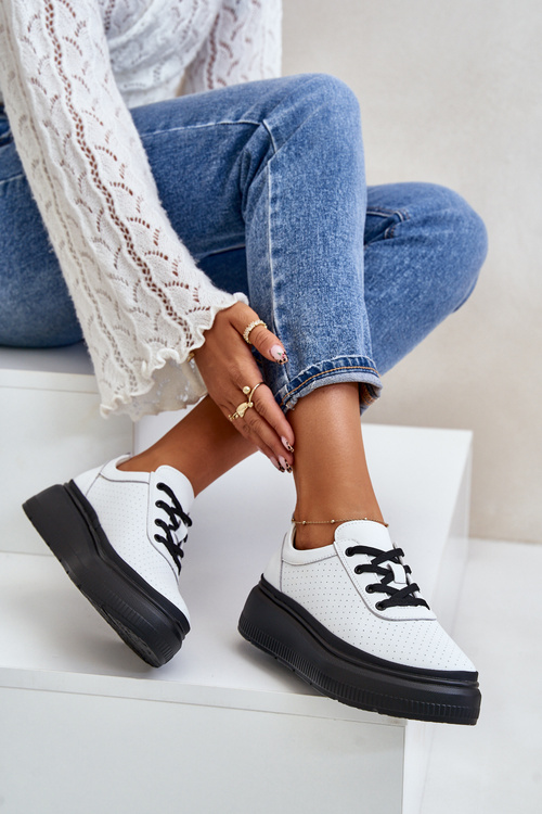 Buty Sportowe Damskie Na Platformie Skóra Naturalna Białe 41470 Vinceza