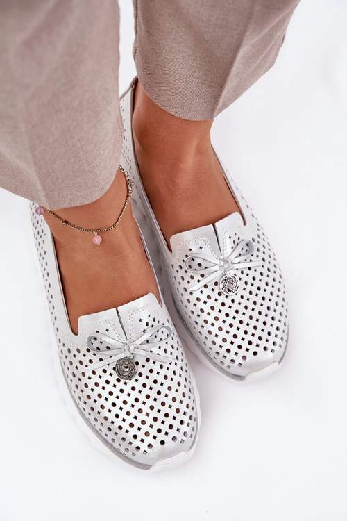 Skórzane Ażurowe Półbuty Damskie Z Naturalnej Skóry D&A LR51-631 Srebrne