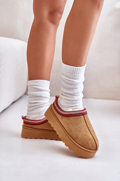 Śniegowce Damskie Na Platformie Ocieplane Futerkiem Camel Remenia