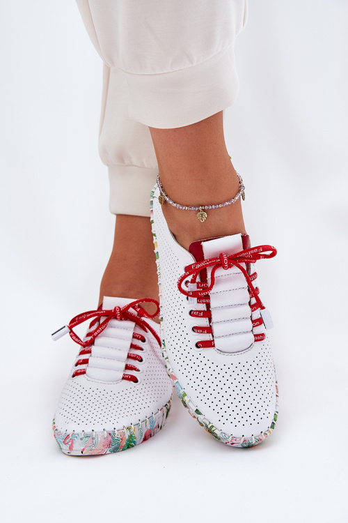 Skórzane Półbuty Na Wzorzystej Platformie Artiker 54C1567 Biało-Czerwone