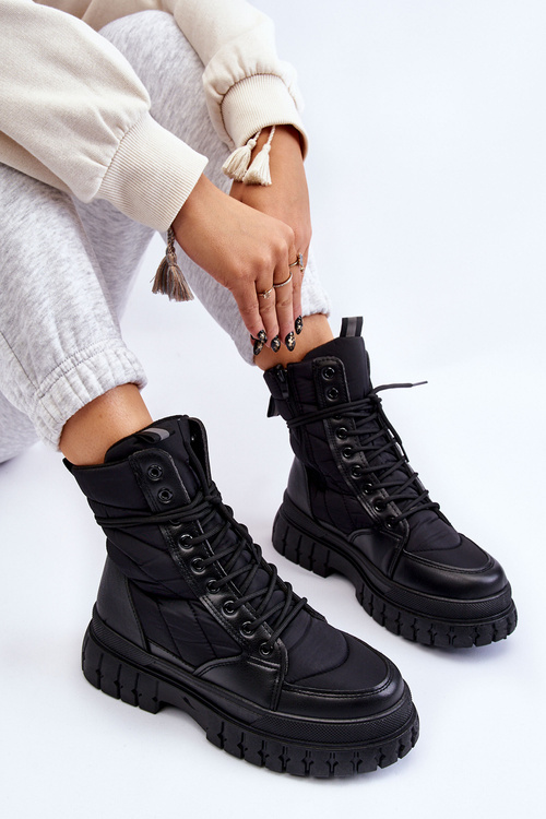 Damskie Botki Z Ociepleniem Sznurowane Czarne Ariadna