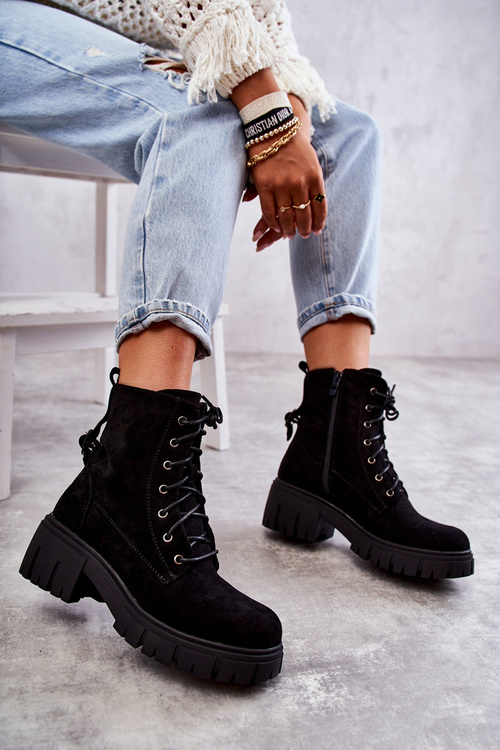 Zamszowe Damskie Ocieplane Botki Na Suwak Czarne Emilien