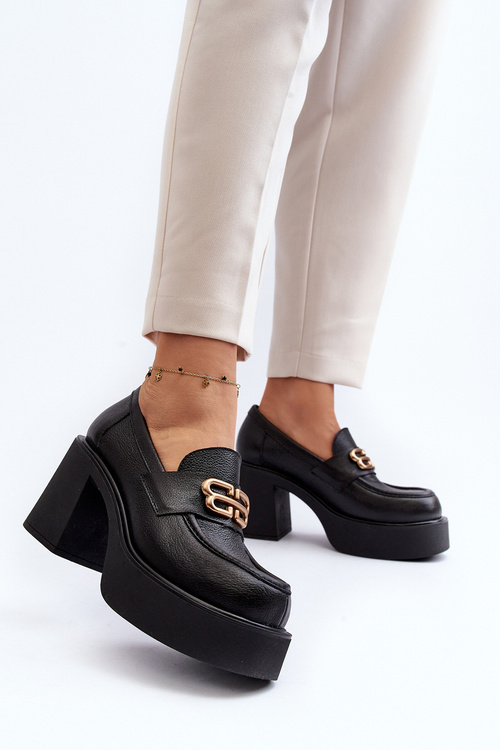 Zazoo 20170 Półbuty Skórzane Damskie Na Słupku Czarne