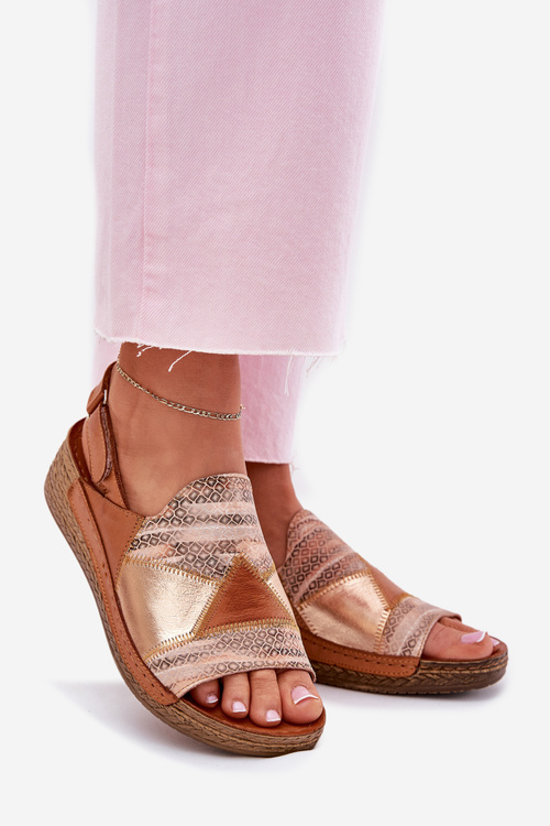 Skórzane Sandały Damskie Na Koturnie Z Plecionką Maciejka L7067-29 Brązowe