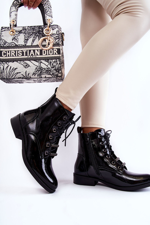 Klasyczne Lakierowane Damskie Ocieplane Botki Czarne Grimma