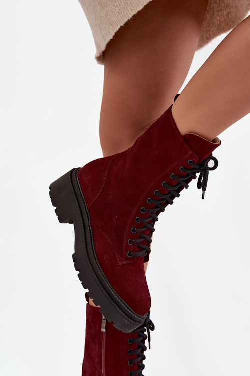 Botki Workery Damskie Z Naturalnego Zamsz Ocieplane Zazoo 4213 Bordowe