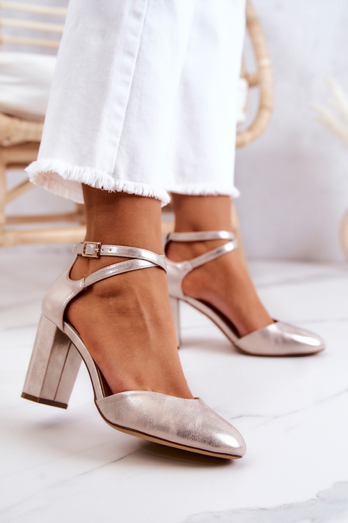 Czółenka Skórzane Na Słupku Sergio Leone SK851 Złote