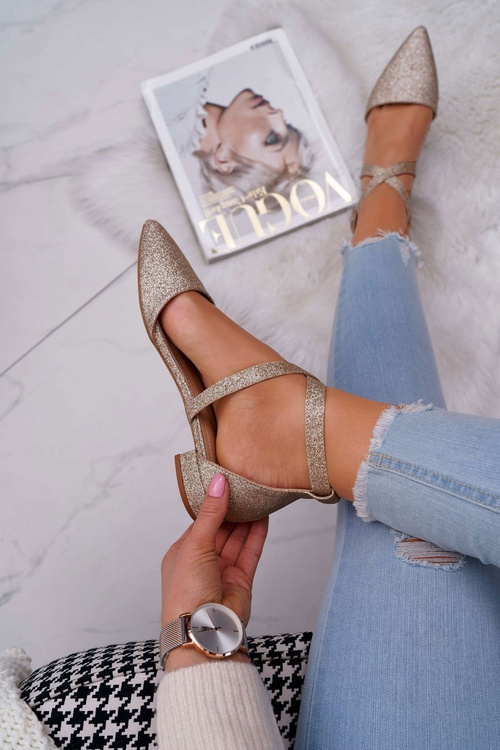 Damskie Balerinki Brokatowe w Szpic Złote Vontare