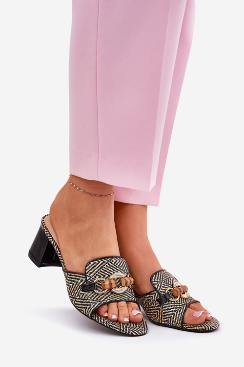 Klapki Damskie Na Obcasie Z Ozdobą Czarne Ovittole