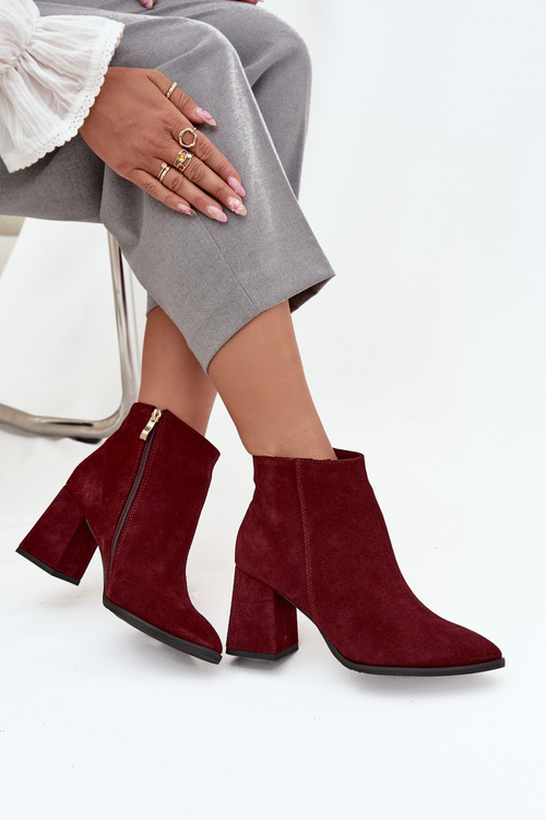 Botki Z Naturalnego Zamszu Obcas Słupek Ocieplane Bordowe Zazoo 3128