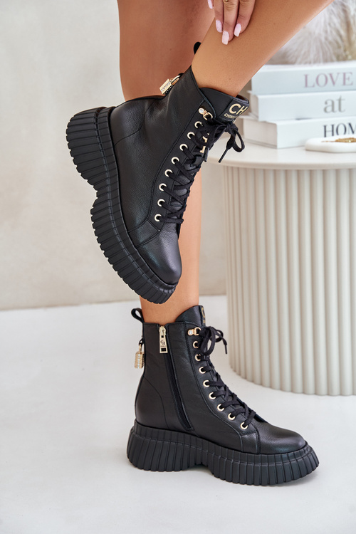 Skórzane Botki Na Platformie Na Zamek Z Ozdobną Kłódką CheBello 4517 Czarne