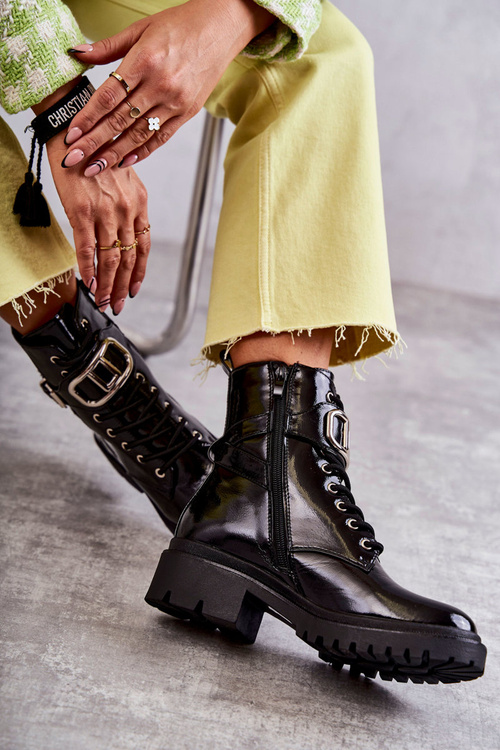 Lakierowane Ocieplane Damskie Botki Czarne Costello