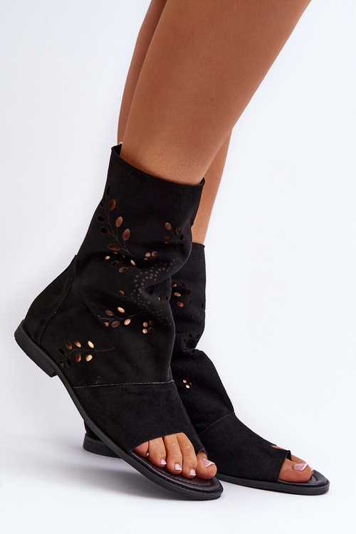 Zazoo 3437 Damskie Zamszowe Sandały Z Cholewką Na Zamek Czarne