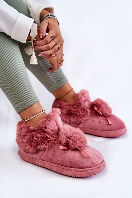 Damskie Wsuwane Futrzane Papcie Z Pomponem Różowe Noemi