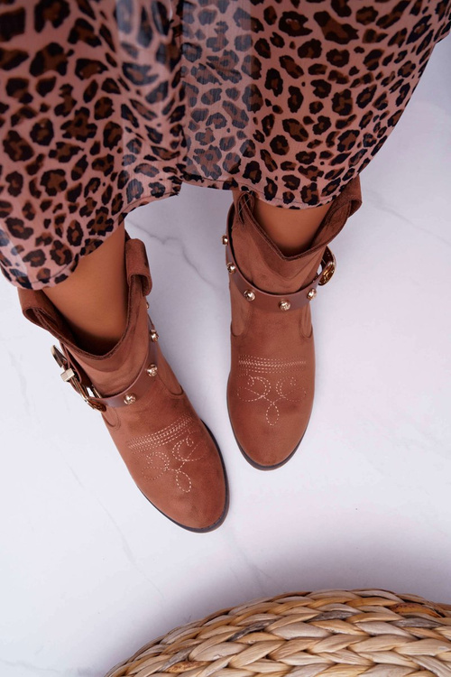 Botki Damskie Płaski Obcas Kowbojki z Klamrą Camel Ewella