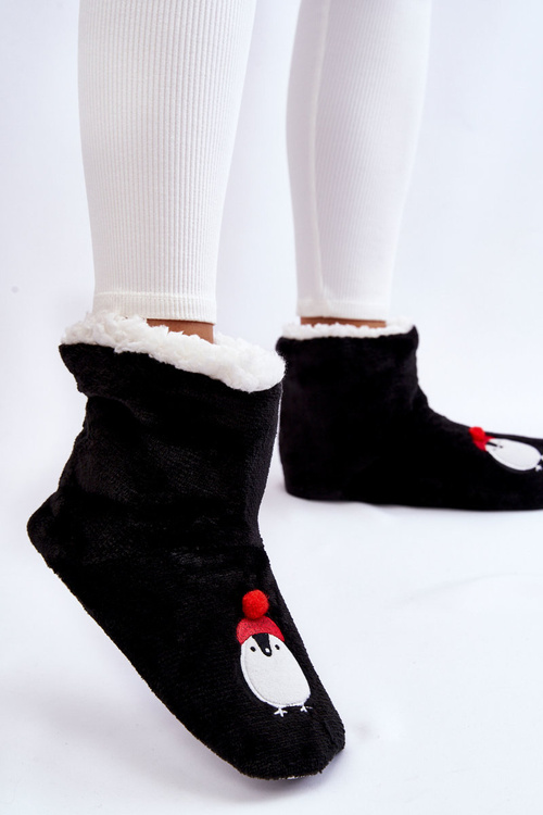 Damskie Wsuwane Ocieplane Papcie Z Pingwinami Czarne