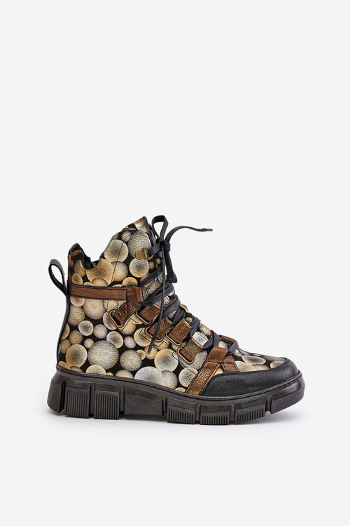 Skórzane Płaskie Sznurowane Botki Maciejka 06158-25 Złote