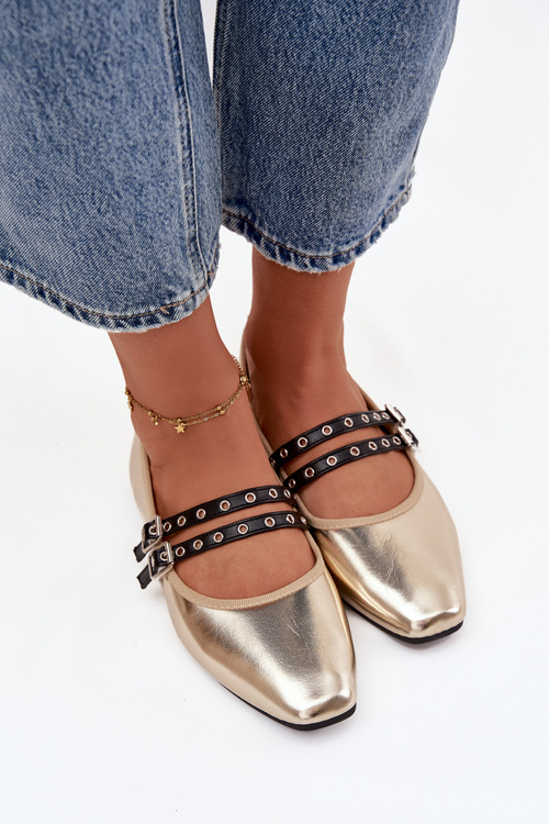 Baleriny Damskie Z Paskami Złote Deliora