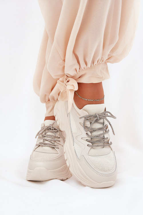 Sneakersy Damskie Na Platformie Ozdobnym Sznurowaniem Beżowe Evalianne