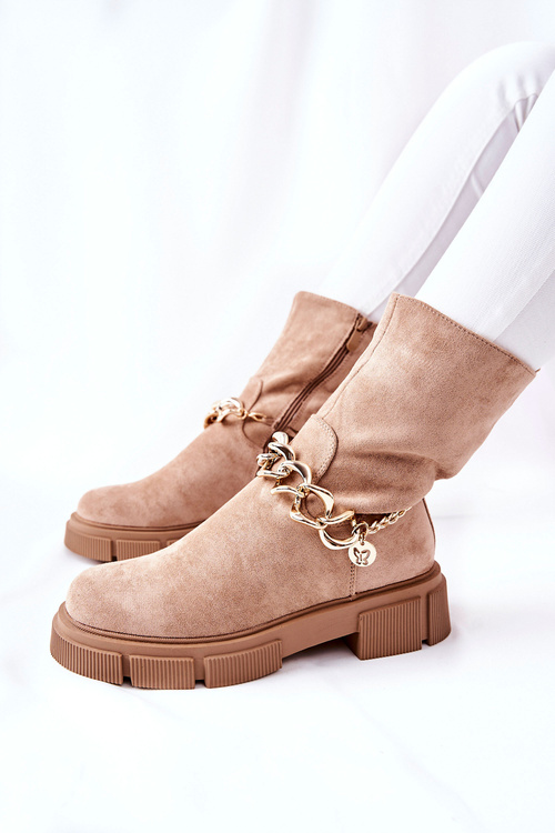 Zamszowe Botki Workery Beżowe Hellio