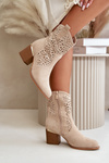 Ażurowe Botki Na Słupku Z Eko Zamszu Zapinane Na Zamek Beżowe Sevana