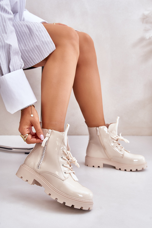 Lakierowane Botki Workery Damskie Ocieplane Z Napisami Beżowe Zinfreya