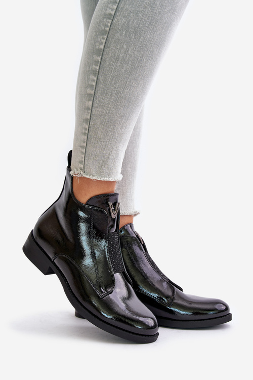 Lakierowane Niskie Botki Damskie Na Płaskim Obcasie Ocieplane Czarne S.Barski HY42-120 Czarne