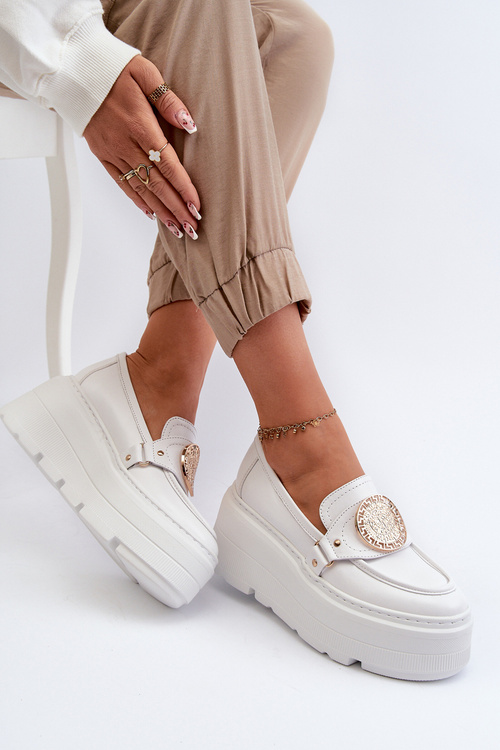 Zazoo 3458 Mokasyny Skórzane Damskie Z Ozdobą Białe