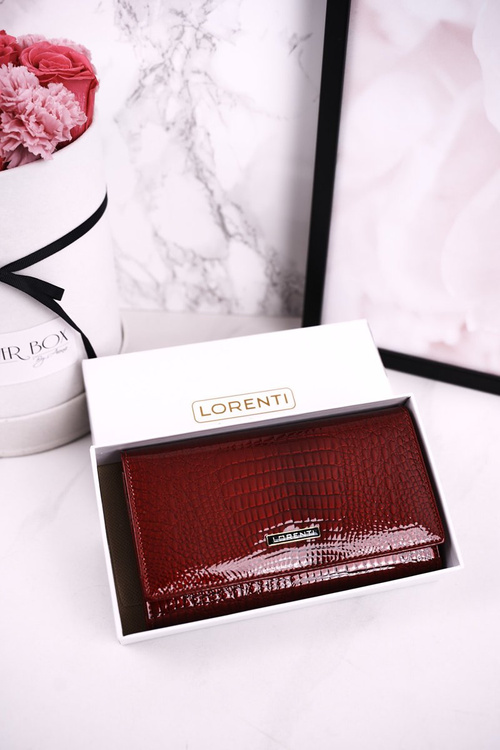 Średni Skórzany Portfel Damski LORENTI Lakierowany Czerwony