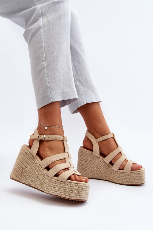 Sandały Na Koturnie Z Plecionką Beżowe Gnosis