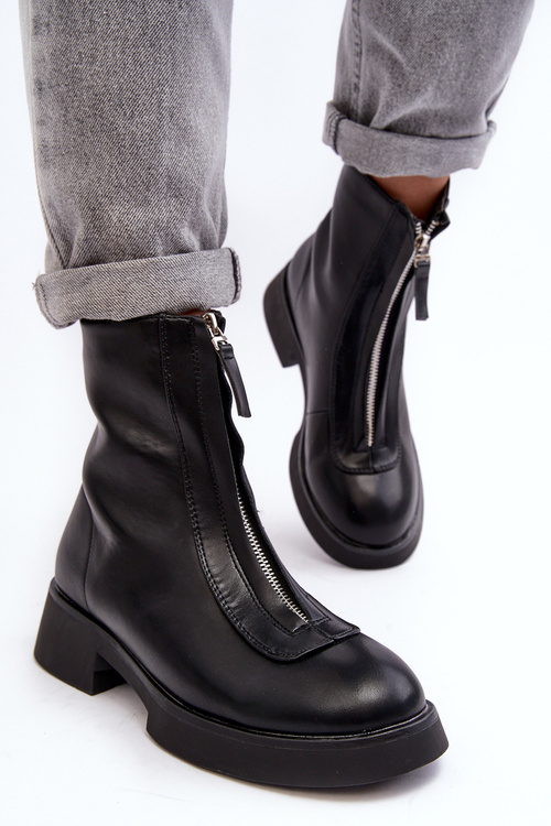 Damskie Botki Na Płaskim Obcasie Z Suwakiem Czarne Elkasa