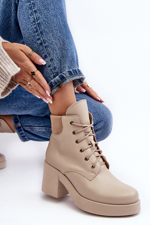 Skórzane Botki Damskie Na Słupku Beżowe Lemar Leocera
