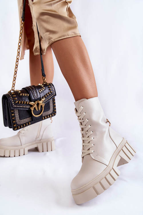 Skórzane Ocieplane Botki Na Platformie Jasnobeżowe Telisa