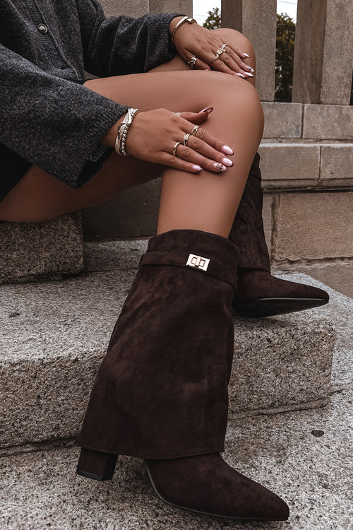 Ocieplane Botki Damskie Na Słupku Z Ozdobnym Paskiem Czekoladowe Luvielle