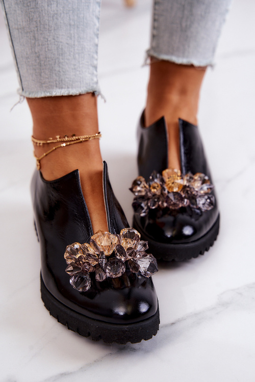 Eleganckie Skórzane Półbuty Z Ozdobą Czarne Cindy