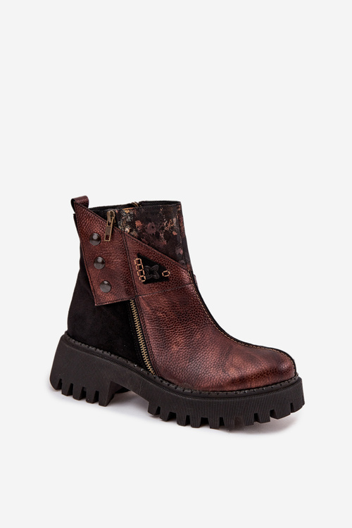 Skórzane Ocieplane Botki Na Platformie I Płaskim Obcasie Maciejka 06140-02 Brązowe