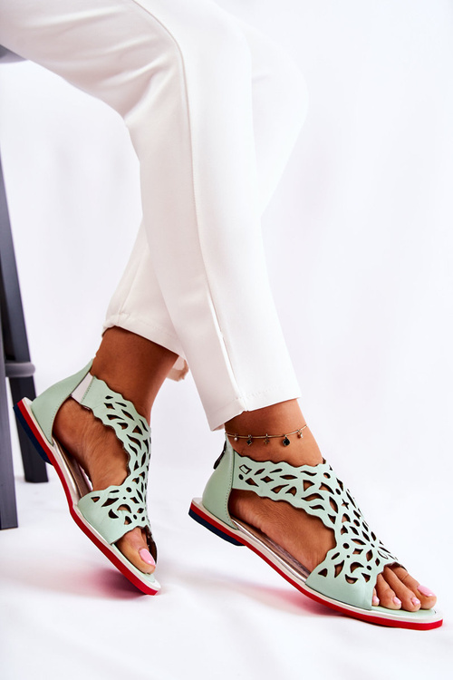 Skórzane Lekkie Ażurowe Sandały Zielone Alima