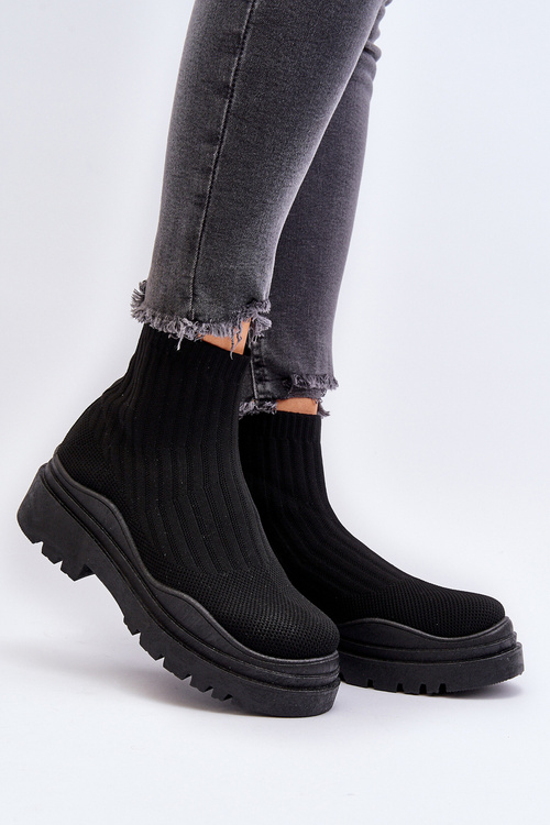 Skarpetkowe Botki Na Masywnej Podeszwie Wsuwane Damskie Czarne Elipara