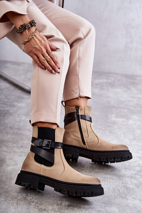 Damskie Ocieplane Botki Sztyblety Z Paskiem Beżowe Jose