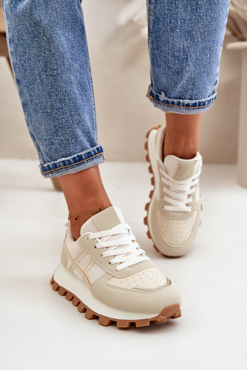 Sneakersy Buty Sportowe Damskie Sznurowane Na Platformie Beżowe Mialunae