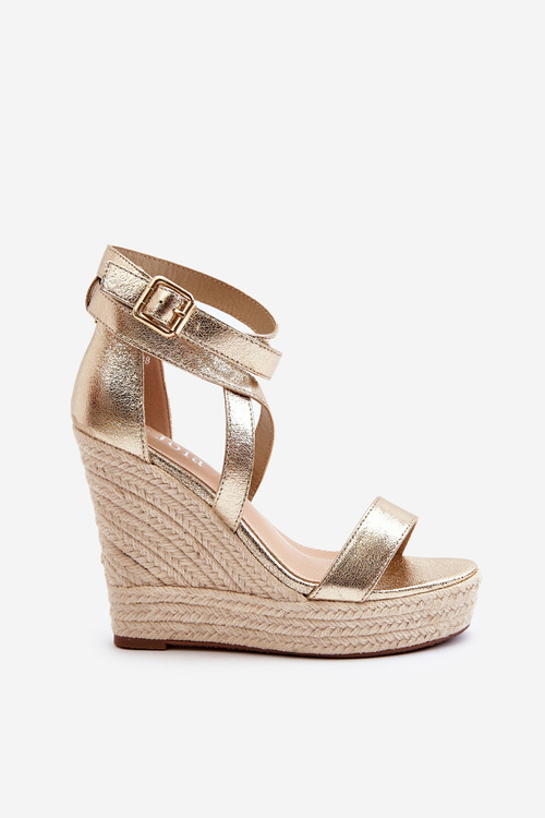 Sandały Na Koturnie Z Plecionką Złote Salthe